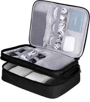 LENTION Cable Electronics Organizer Bag Pouch, Travel Accessories Carry Case Portable Waterproof Double Layers All-in-One Storage Tech for Cord, Charger, Power Bank, Earphone Black