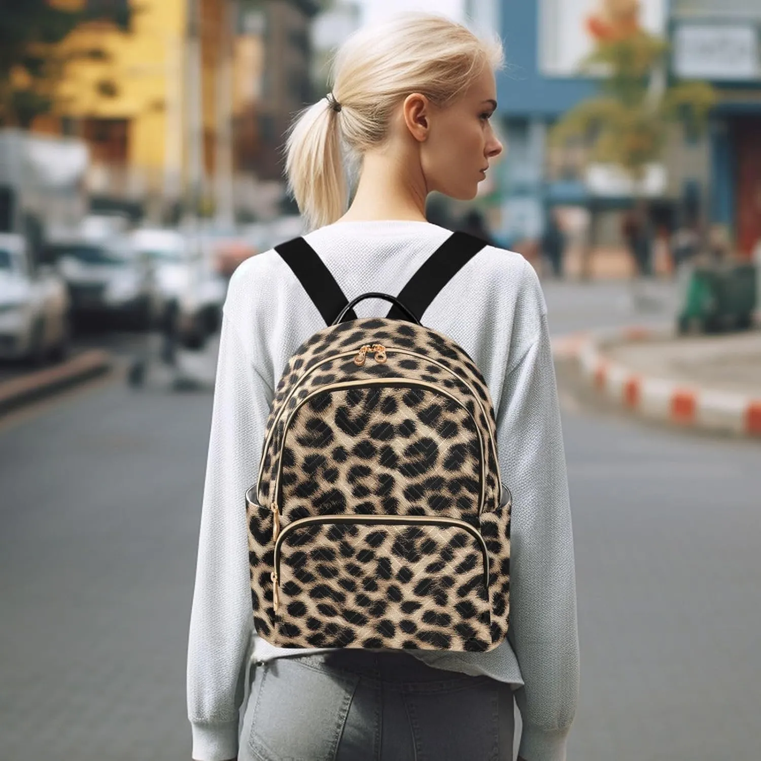 Leopard Fur Tan Backpack Purse for Women Girls Fashion Ladies Small Back Pack Purse for College Work Travel M