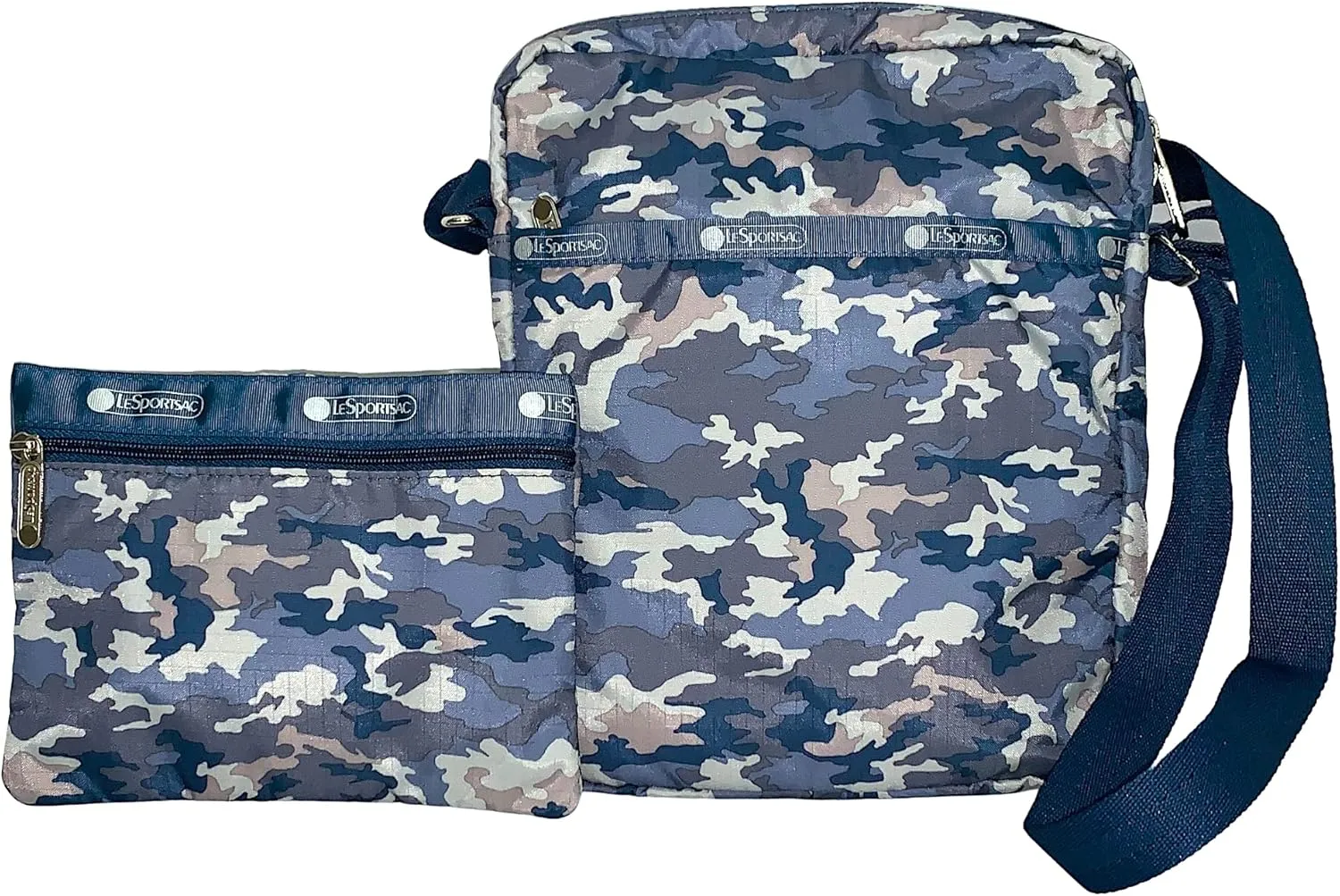 LeSportsac Camo Blues HAWAII EXCLUSIVE Style, Edna Slim Travel Crossbody Handbag   Cosmetic Bag, Style 7279/Color F285, Modern Camouflage - Blue, Grey & Khaki
