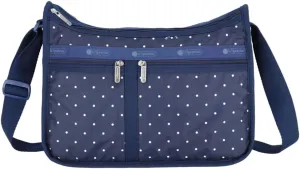 LeSportsac Navy Petite Dot Deluxe Everyday Crossbody Bag   Cosmetic Bag, Style 7507/Color U385, Timeless Navy Blue and Crisp White Unite in a Festive & Sophisticated Modern Polka Dot Design