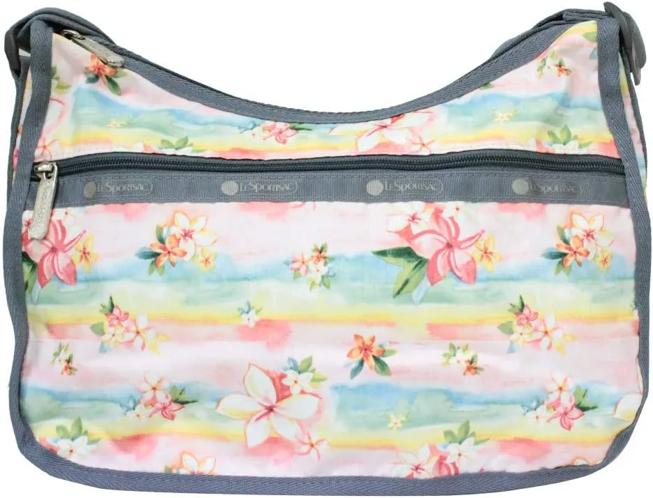 LeSportsac Plumeria Rainbow HAWAII EXCLUSIVE Classic Hobo Crossbody Bag   Cosmetic Bag, Style 7520/Color K879, Tropical Hawaiian Plumeria Flowers, Pastel Watercolors, ‘Hawaii’ on Pattern