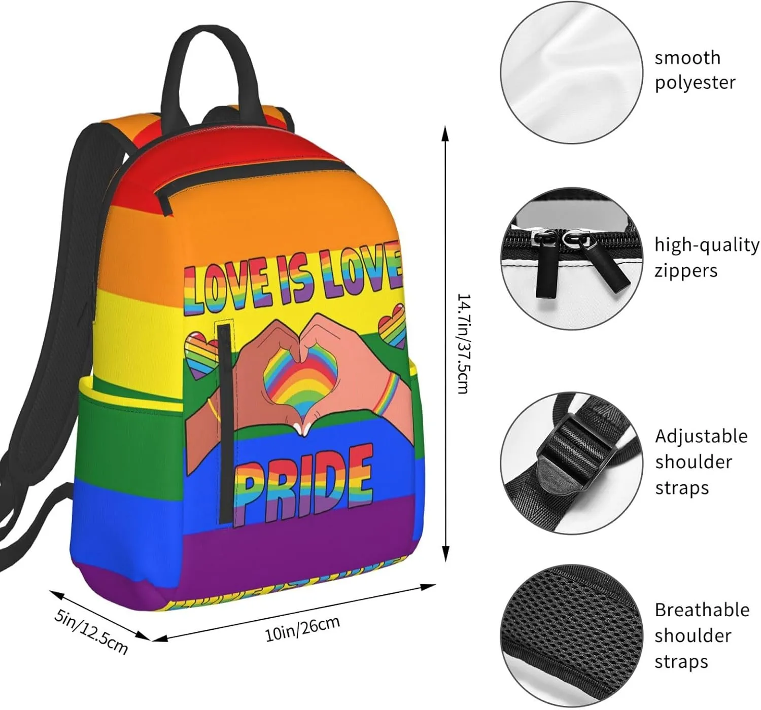 LGBT Love Is Love Pride Rainbow Heart Travel Laptop Backpack Casual Backpacks Double Shoulder Daypack Notebook Rucksack Work Bags Sports Bag for Hiking Camping Beach