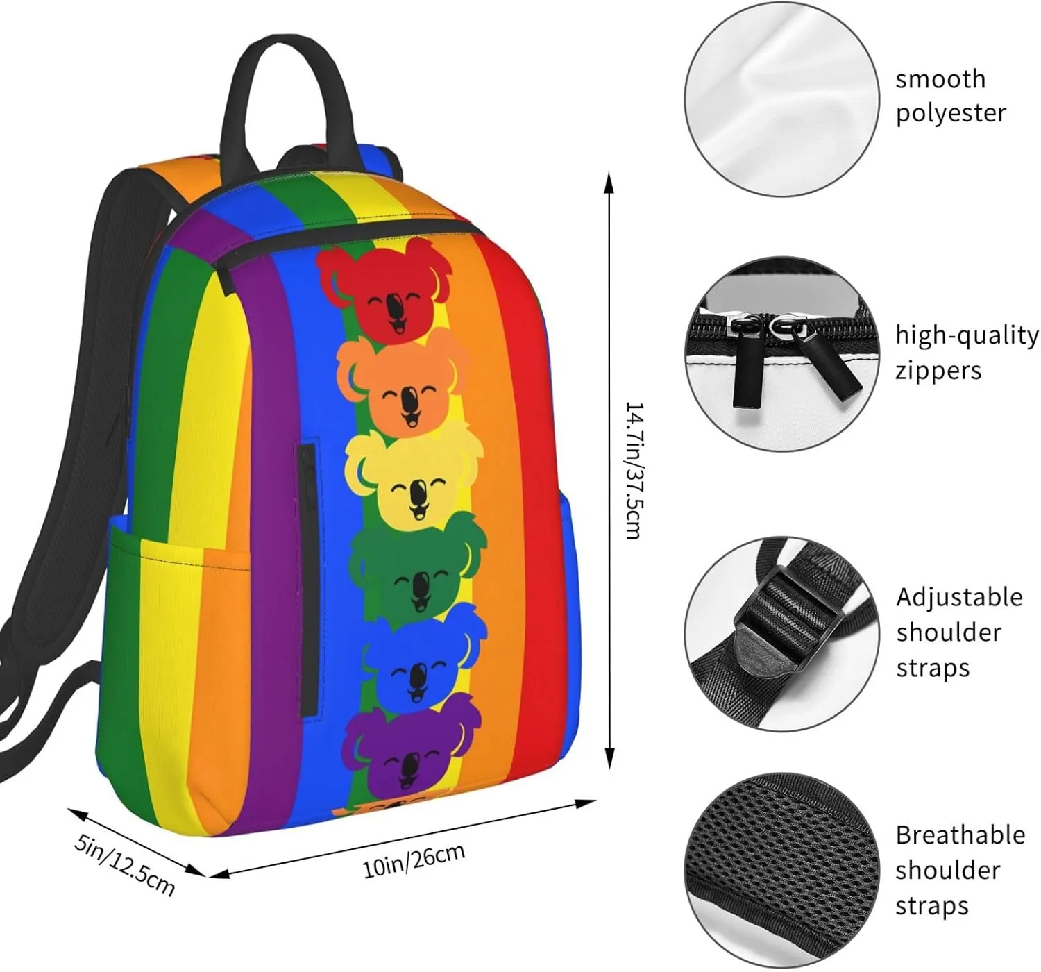 LGBT Rainbow Gay Pride Flag Koalas Travel Laptop Backpack Casual Backpacks Double Shoulder Daypack Notebook Rucksack Work Bags Sports Bag for Hiking Camping Beach