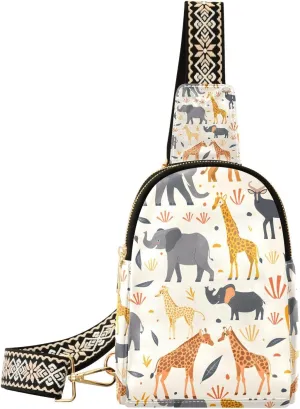 Lion Elephant Gazelle Beige Backpack Sling Bag for Women Crossbody Bags Small Cross Body Bags Leather Travel Chest Bag Purse Casual Daypack