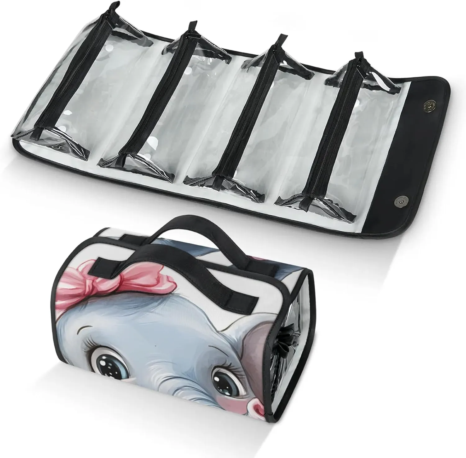 Little Elephant Travel Toiletry Bag for Women, 4 in 1 Roll Up Makeup Cosmetic Bag With 4 Removable PVC Zipper Pouch