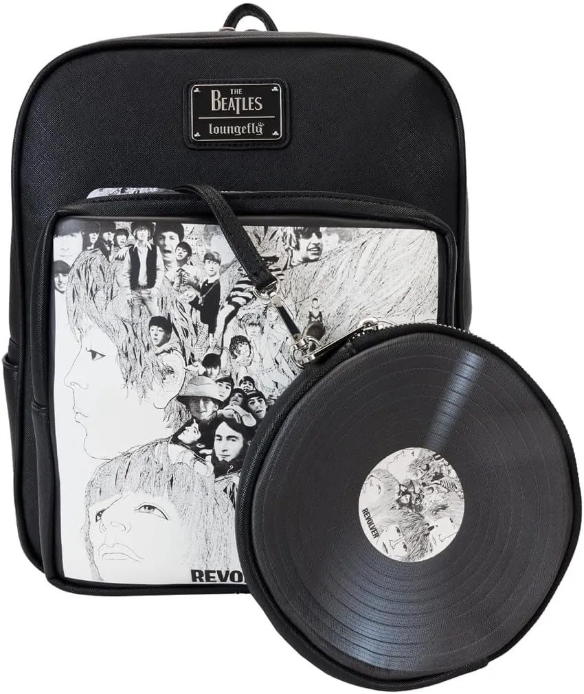 Loungefly Beatles Revolver Album Cover Mini Backpack with Record Coin Bag, Black, White