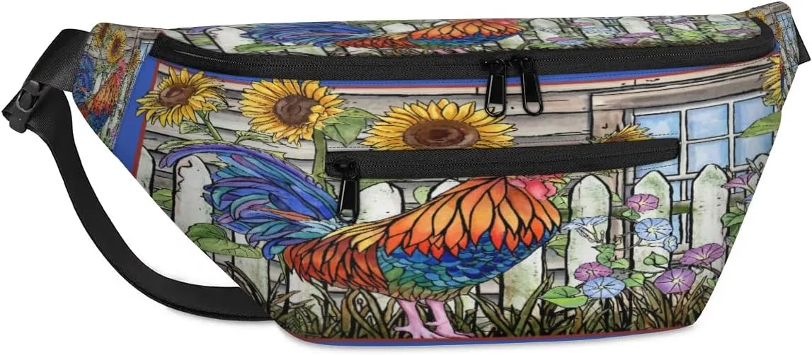 Lovely Rooster Crossbody Sling Bag for Women Men Crossbody Backpack with 4 Zipper Pockets Fanny Pack Shoulder Casual Daypack for Travel Running Hiking Cycling