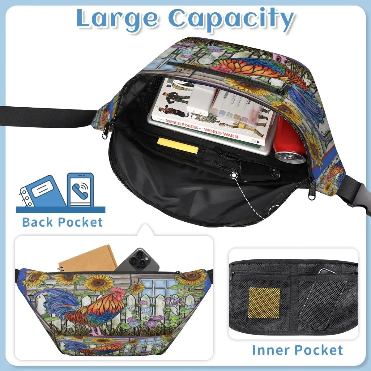 Lovely Rooster Crossbody Sling Bag for Women Men Crossbody Backpack with 4 Zipper Pockets Fanny Pack Shoulder Casual Daypack for Travel Running Hiking Cycling