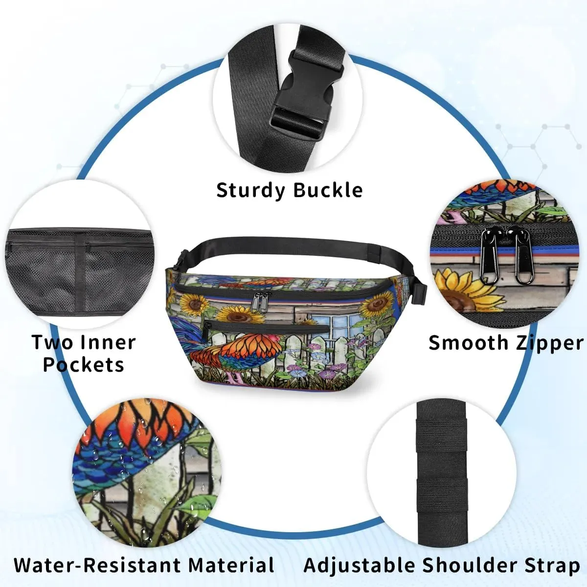 Lovely Rooster Crossbody Sling Bag for Women Men Crossbody Backpack with 4 Zipper Pockets Fanny Pack Shoulder Casual Daypack for Travel Running Hiking Cycling
