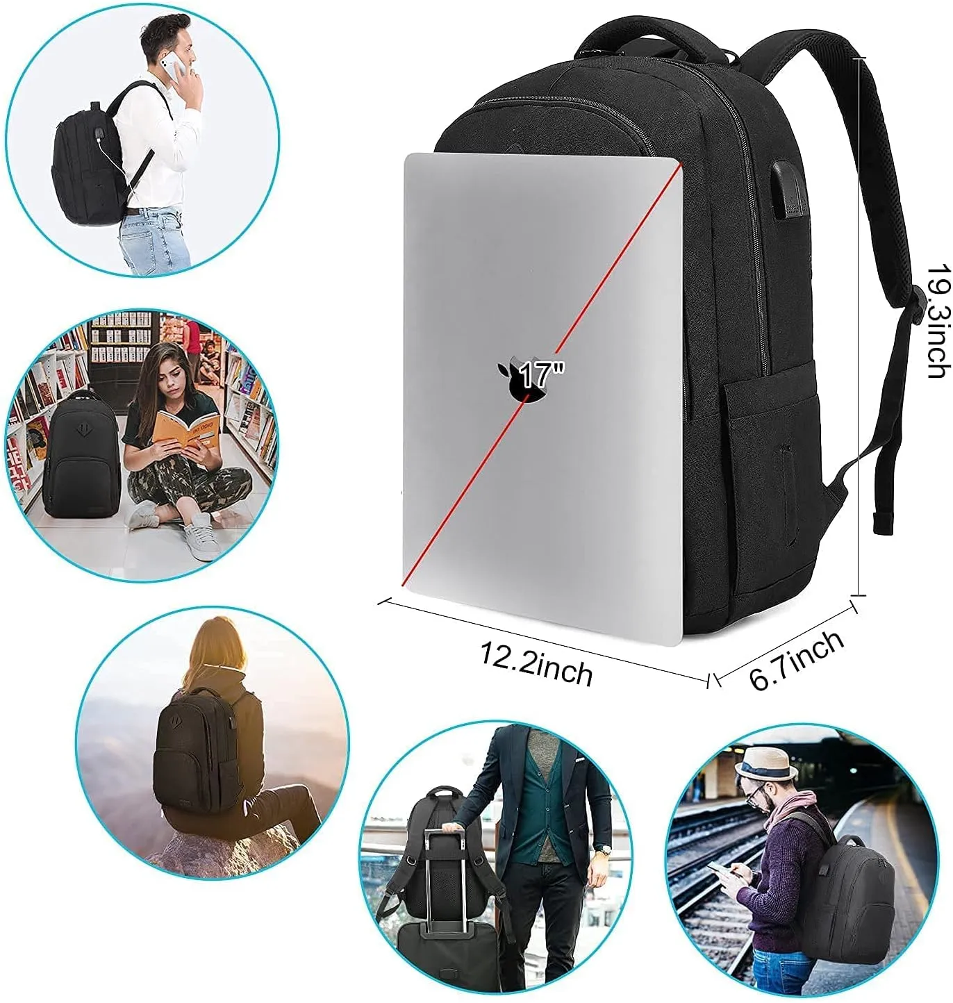 LOVEVOOK Black Backpack for Women Men, School Bookbag with Laptop Compartment for College Work Travel, Water Resistant Daypack, Fit 17" Laptop