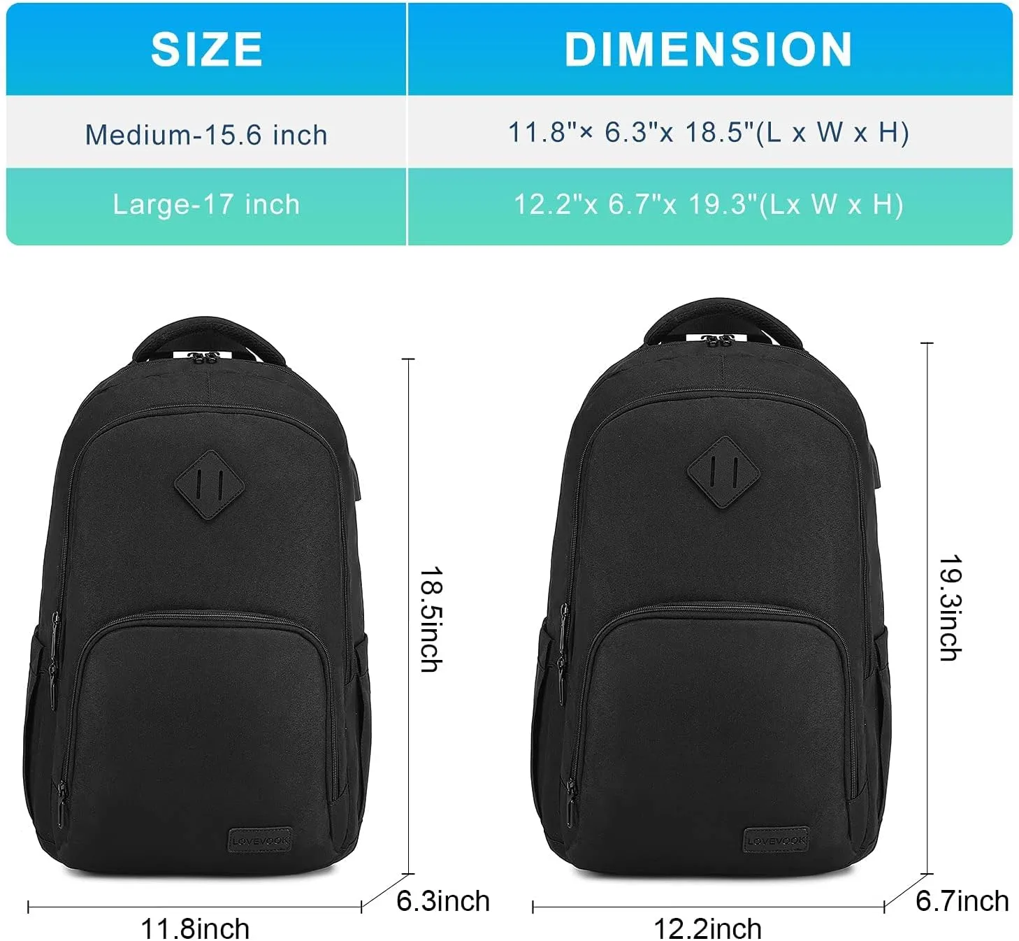 LOVEVOOK Black Backpack for Women Men, School Bookbag with Laptop Compartment for College Work Travel, Water Resistant Daypack, Fit 17" Laptop