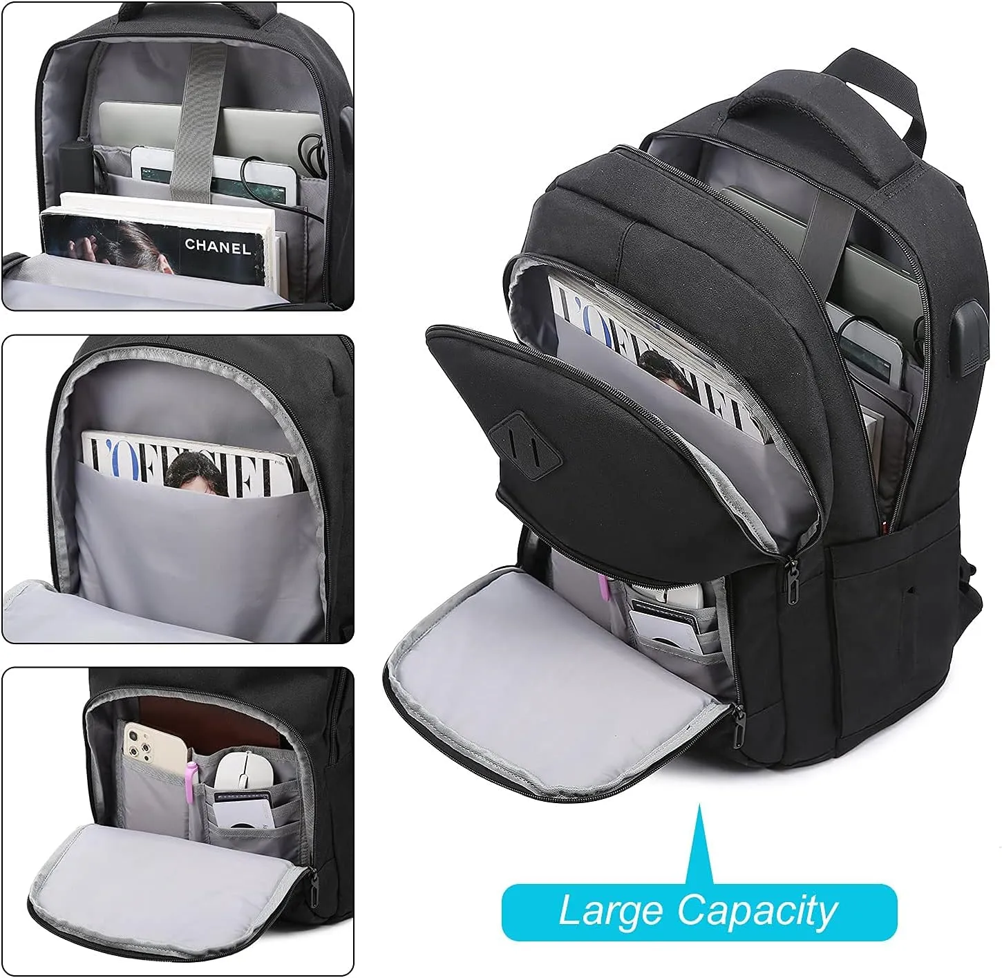 LOVEVOOK Black Backpack for Women Men, School Bookbag with Laptop Compartment for College Work Travel, Water Resistant Daypack, Fit 17" Laptop