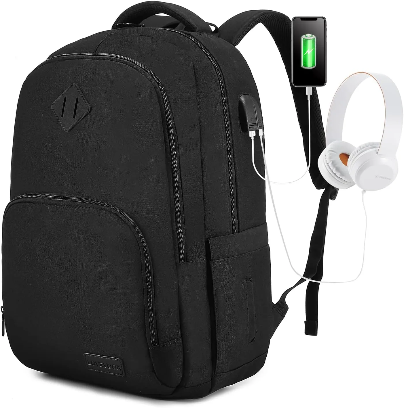 LOVEVOOK Black Backpack for Women Men, School Bookbag with Laptop Compartment for College Work Travel, Water Resistant Daypack, Fit 17" Laptop