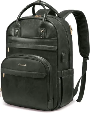 LOVEVOOK Laptop Backpack for Women, 15.6 inch Vintage PU Leather Work Backpack with USB Charging Port, Green