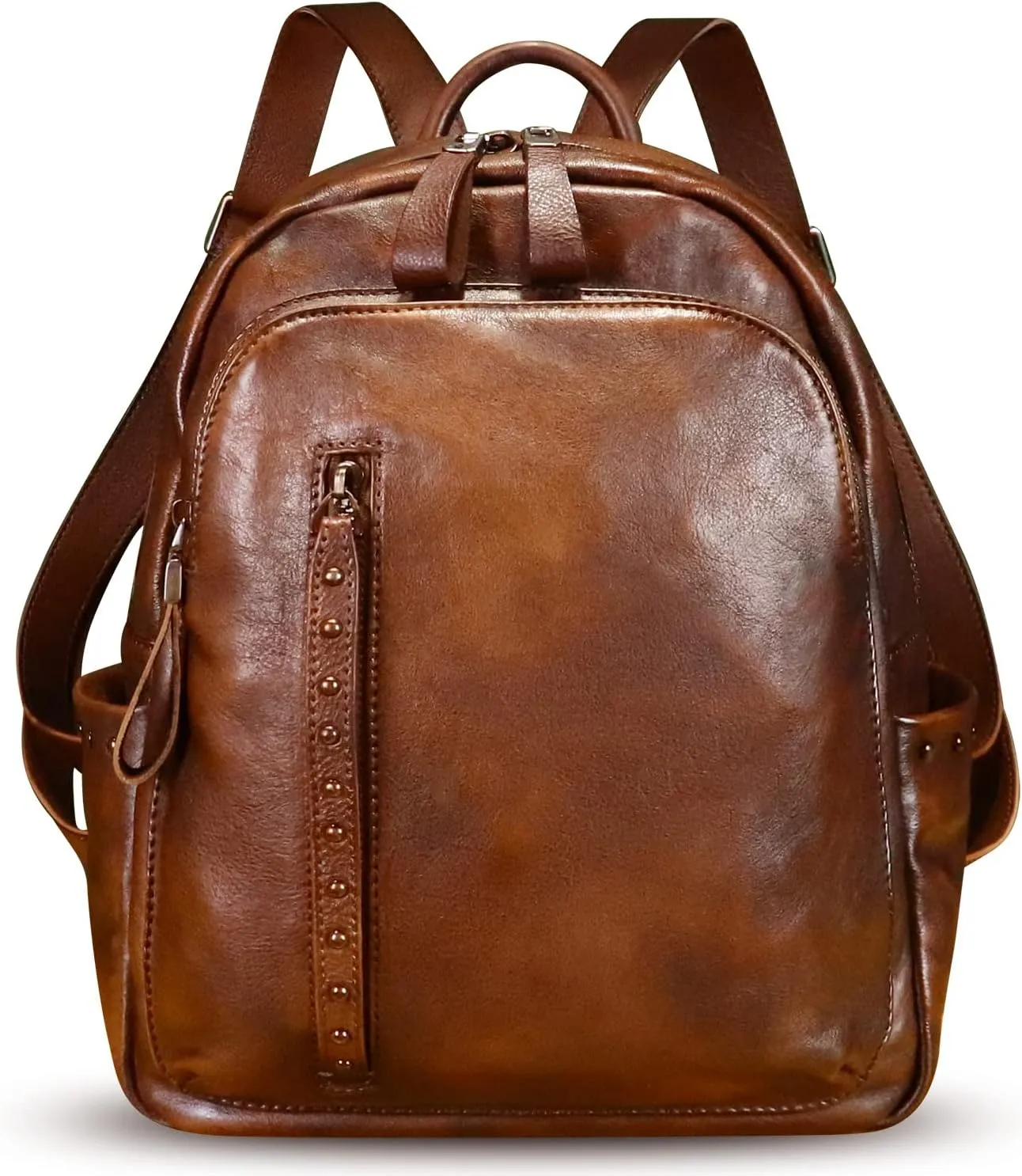 LRTO Genuine Leather Backpack Purse for Women Vintage Casual Daypack College Bag Handmade Cowhide Western Rivets Rucksack (Brown)