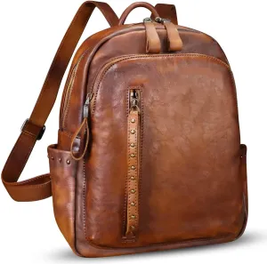 LRTO Genuine Leather Backpack Purse for Women Vintage Casual Daypack College Bag Handmade Cowhide Western Rivets Rucksack (Brown)
