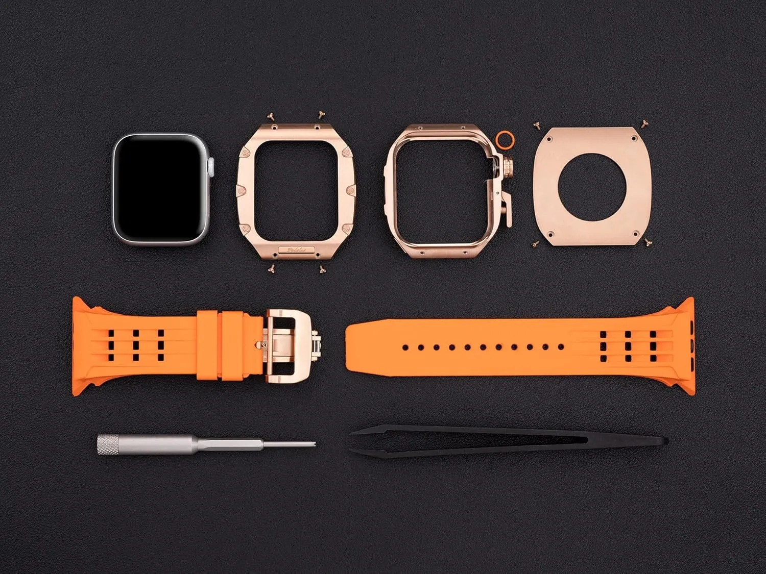 Luxury Watch Band Mod Kit，For Apple Watch 8 7 6 5 4 SE 44mm 45mm，Titanium alloy Bezel Cover Frame Rubber Strap