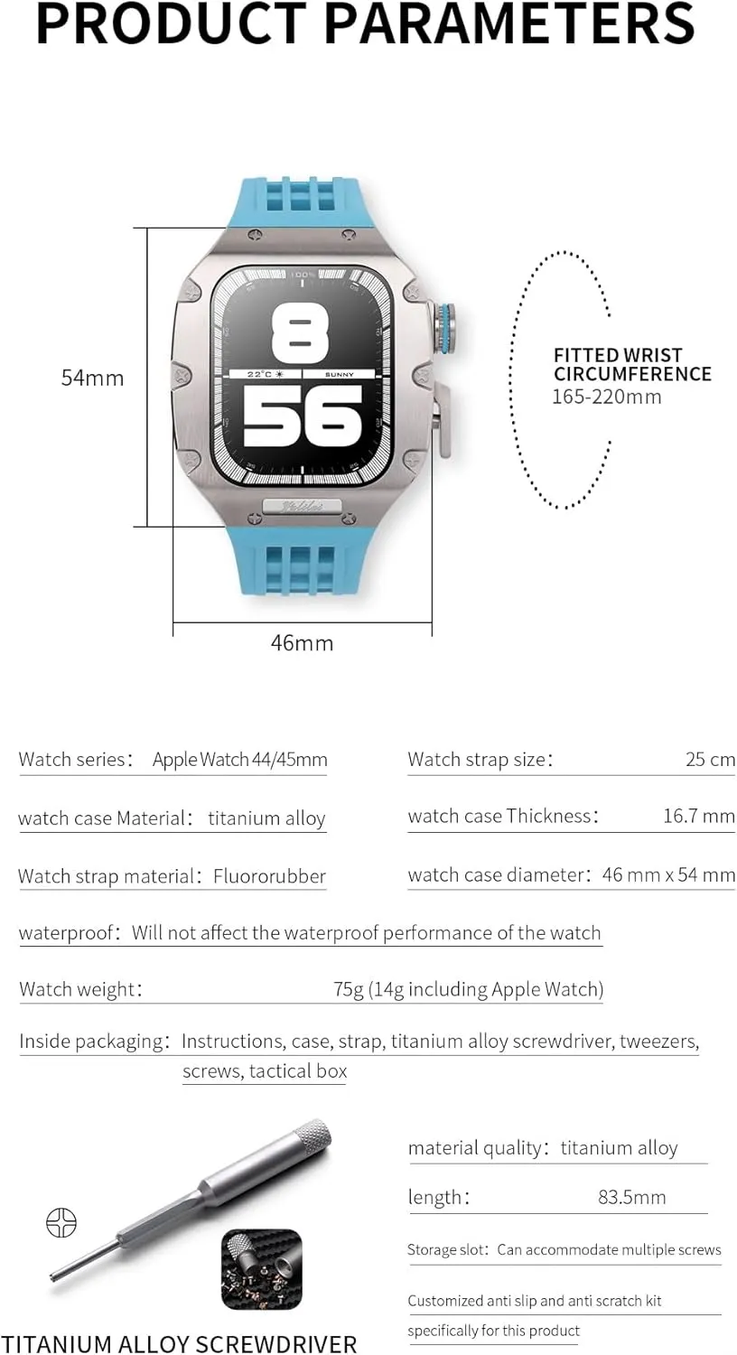 Luxury Watch Band Mod Kit，For Apple Watch 8 7 6 5 4 SE 44mm 45mm，Titanium alloy Bezel Cover Frame Rubber Strap