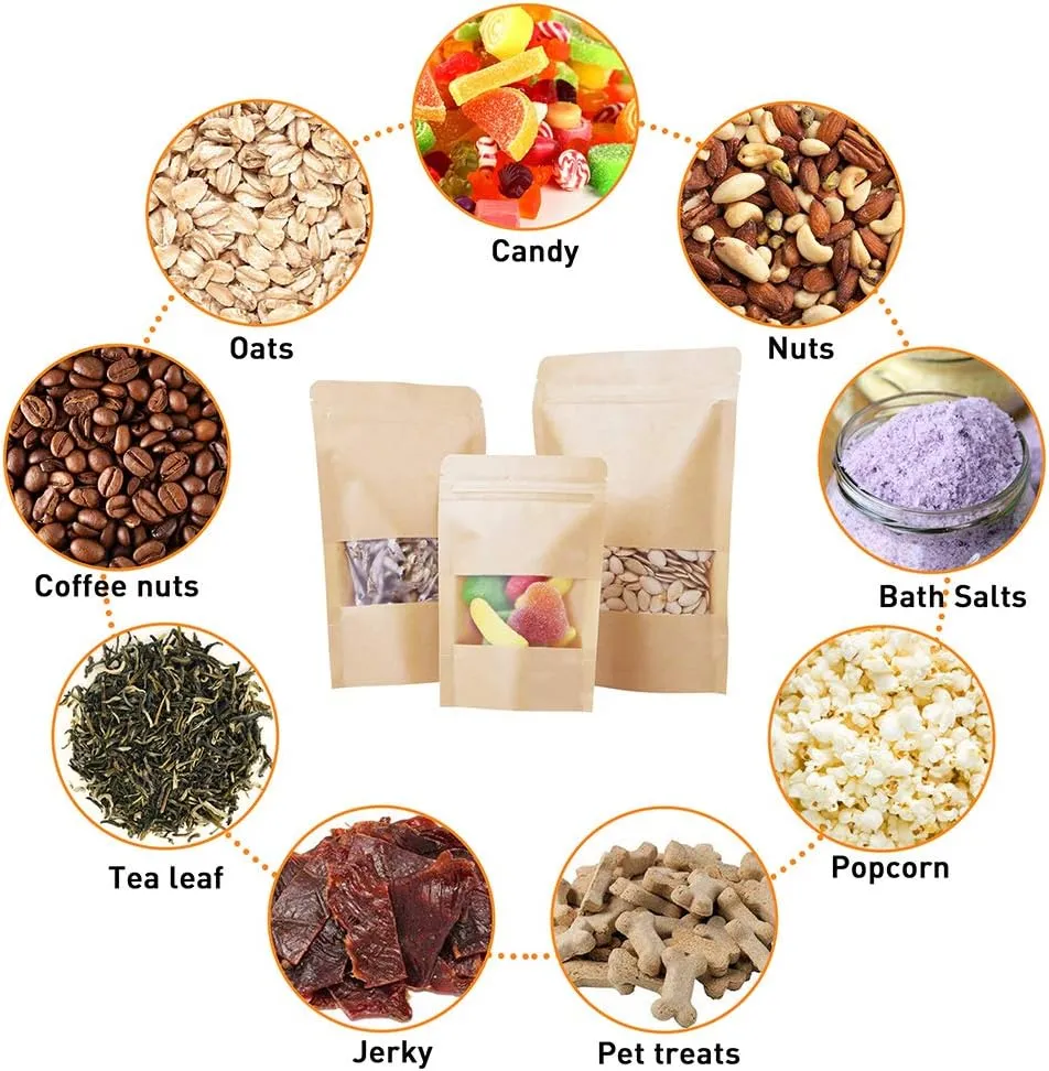 LZLPACKING Kraft Stand Up Pouches bags 100 Pcs,Brown Resealable Bags with Window for Home or Business,Coffee Bags,Zip Lock Food Storage Bags,Sealable Bags for Packaging(3.9×5.9)