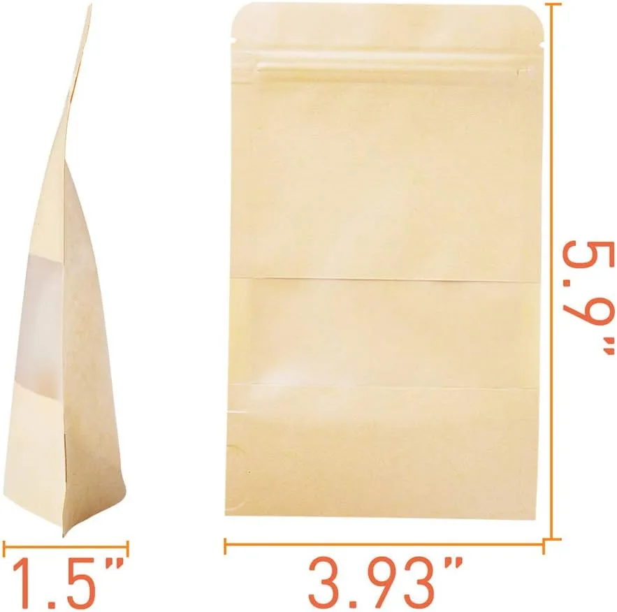 LZLPACKING Kraft Stand Up Pouches bags 100 Pcs,Brown Resealable Bags with Window for Home or Business,Coffee Bags,Zip Lock Food Storage Bags,Sealable Bags for Packaging(3.9×5.9)