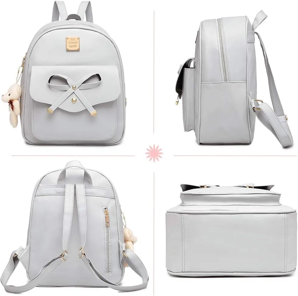 MACCINELO Cute Leather Mini Backpack Purse for Women Bowknot Small Backpack for Girls gift Rucksack Ladies Shoulder Bag 3pcs
