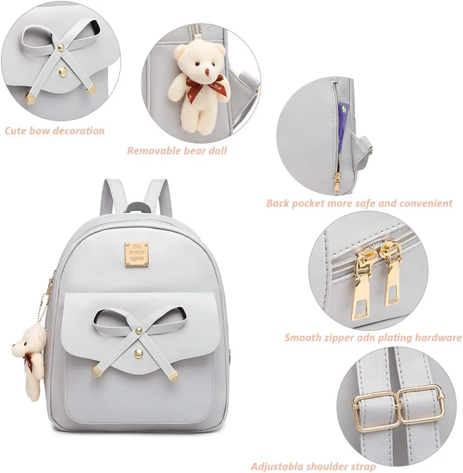MACCINELO Cute Leather Mini Backpack Purse for Women Bowknot Small Backpack for Girls gift Rucksack Ladies Shoulder Bag 3pcs