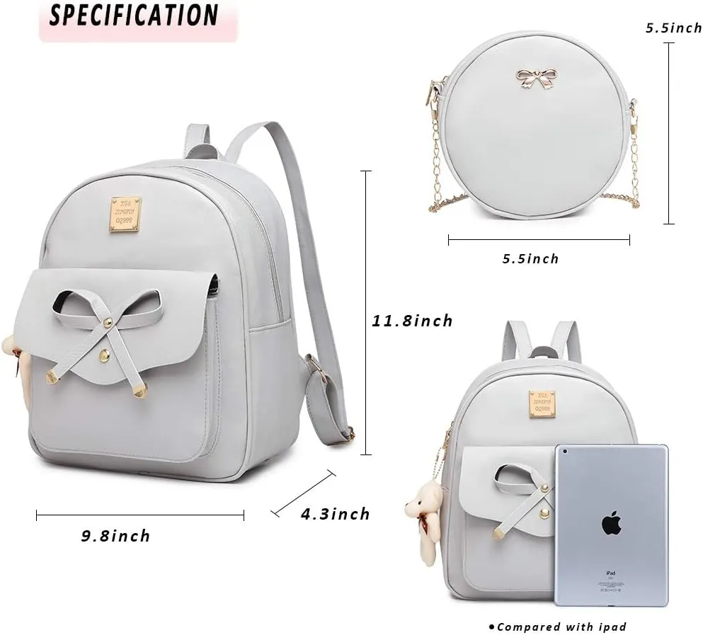 MACCINELO Cute Leather Mini Backpack Purse for Women Bowknot Small Backpack for Girls gift Rucksack Ladies Shoulder Bag 3pcs