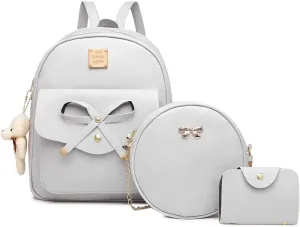 MACCINELO Cute Leather Mini Backpack Purse for Women Bowknot Small Backpack for Girls gift Rucksack Ladies Shoulder Bag 3pcs