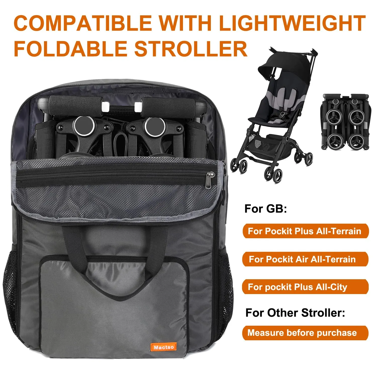 Mactso Stroller Travel Bag Compatible with GB Pockit Air Plus All Terrain and GB Pockit   All City, Lightweight Stroller Travel Backpack for Airplane (Grey, L)