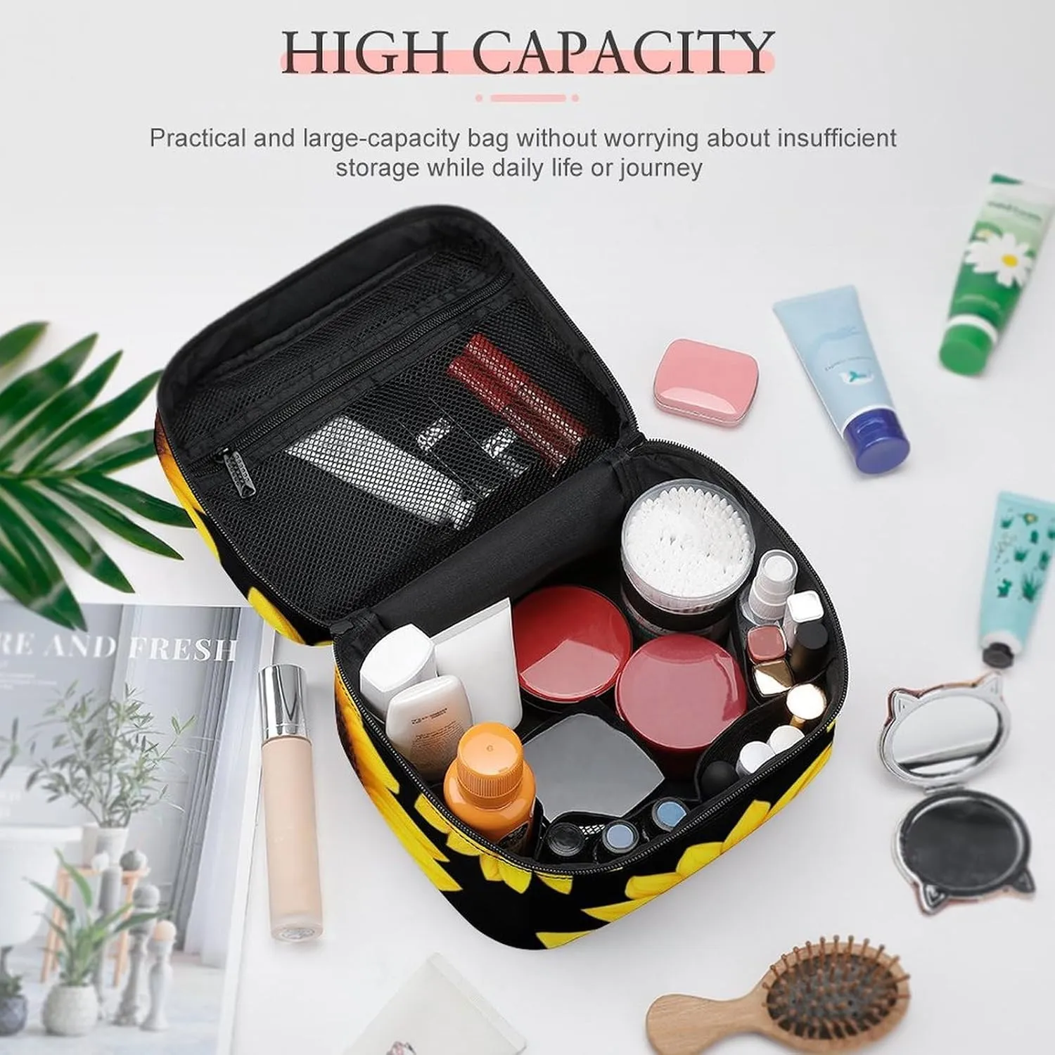 Make Up Bags Floral Black Yellow Flowers Sunflower Cosmetics Organizer Case for Women, Travel Toiletry Brushes Storage Bag with Carry Handle