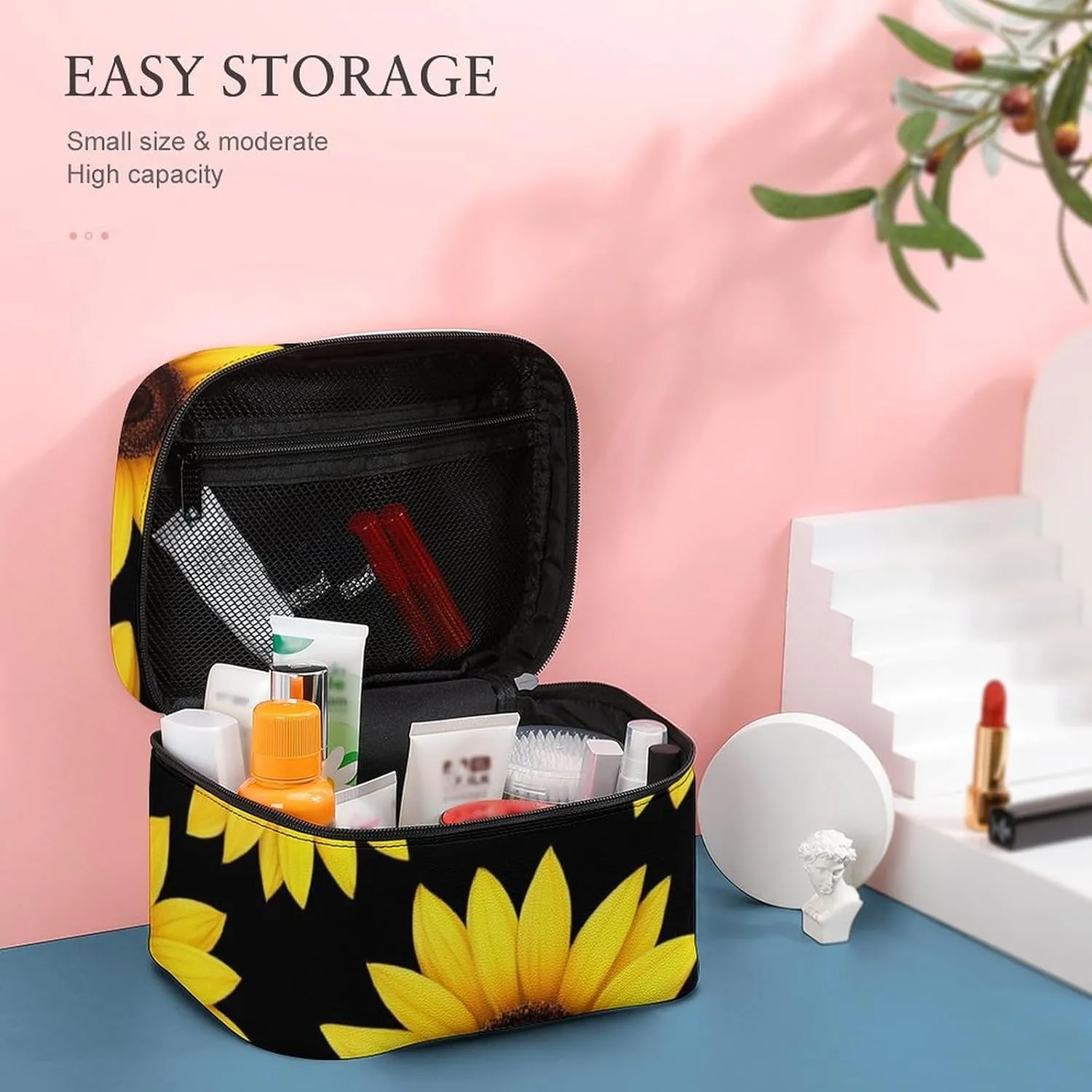 Make Up Bags Floral Black Yellow Flowers Sunflower Cosmetics Organizer Case for Women, Travel Toiletry Brushes Storage Bag with Carry Handle