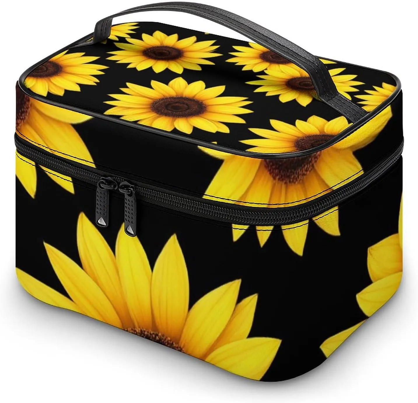 Make Up Bags Floral Black Yellow Flowers Sunflower Cosmetics Organizer Case for Women, Travel Toiletry Brushes Storage Bag with Carry Handle