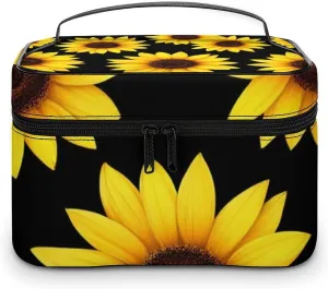 Make Up Bags Floral Black Yellow Flowers Sunflower Cosmetics Organizer Case for Women, Travel Toiletry Brushes Storage Bag with Carry Handle