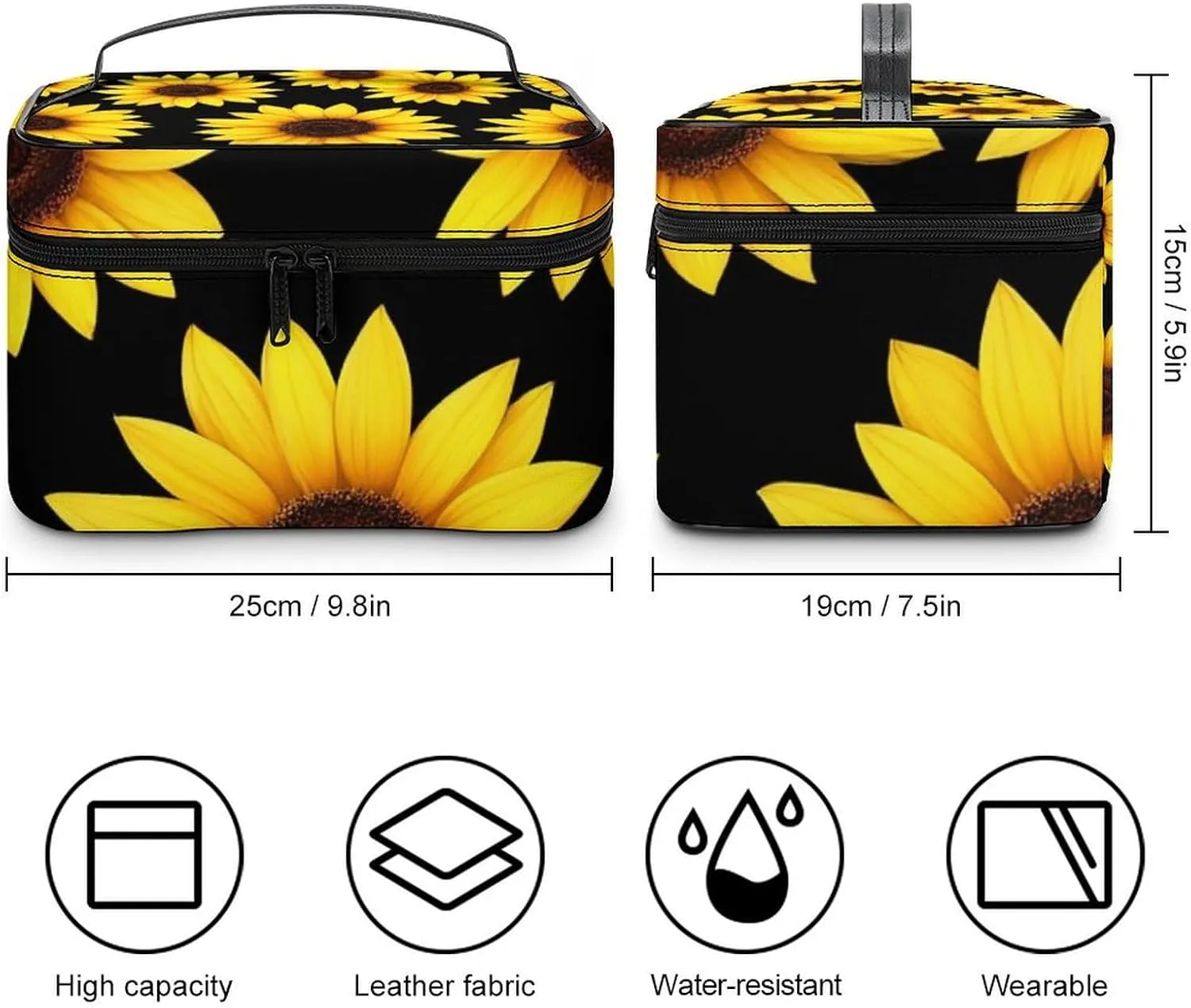 Make Up Bags Floral Black Yellow Flowers Sunflower Cosmetics Organizer Case for Women, Travel Toiletry Brushes Storage Bag with Carry Handle