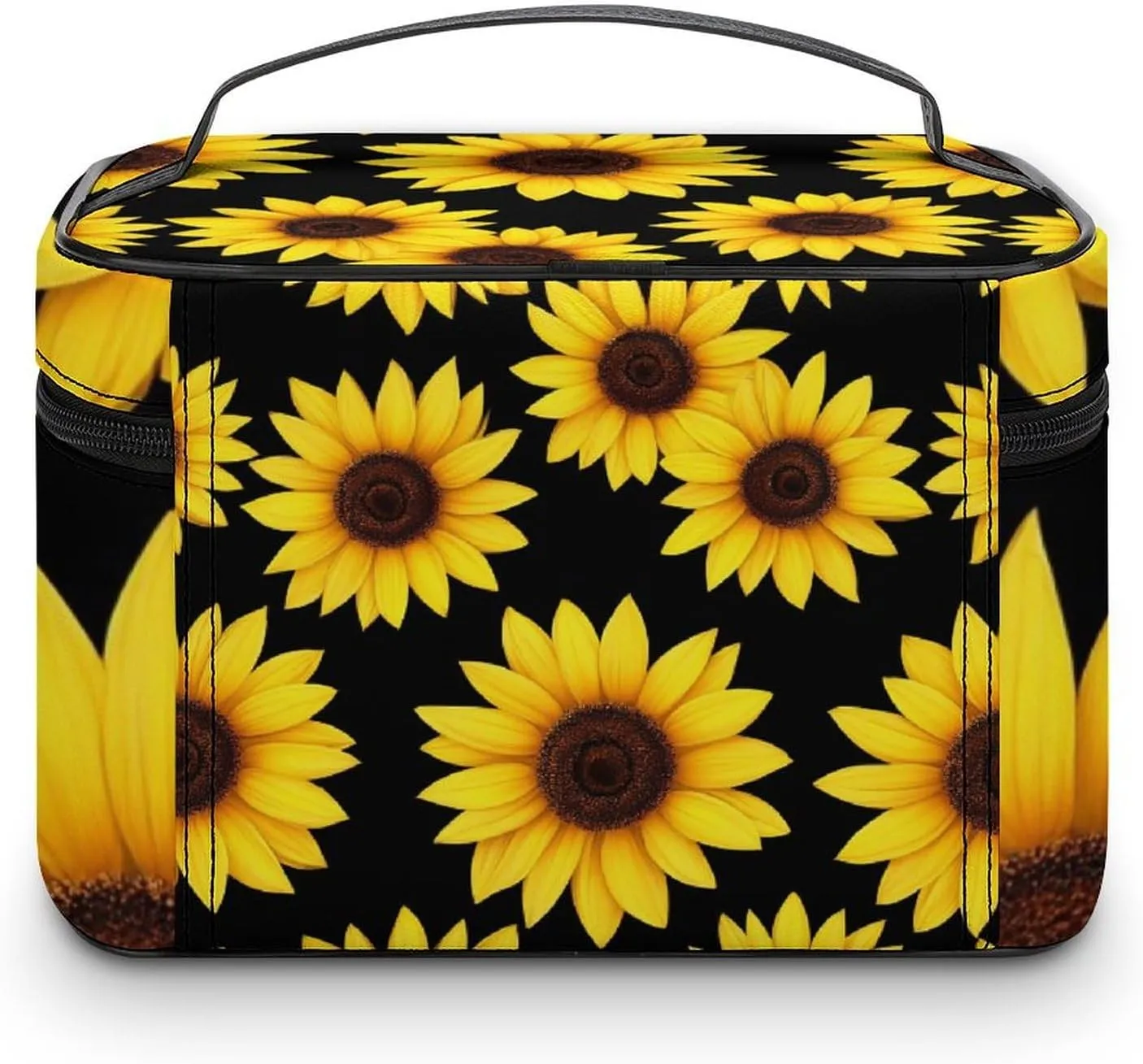Make Up Bags Floral Black Yellow Flowers Sunflower Cosmetics Organizer Case for Women, Travel Toiletry Brushes Storage Bag with Carry Handle