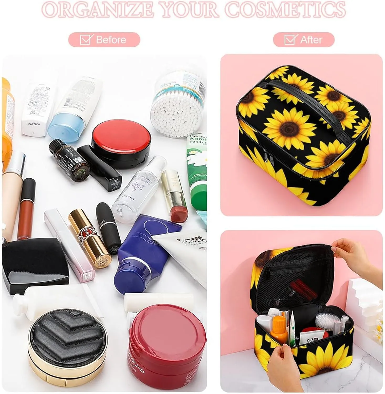 Make Up Bags Floral Black Yellow Flowers Sunflower Cosmetics Organizer Case for Women, Travel Toiletry Brushes Storage Bag with Carry Handle