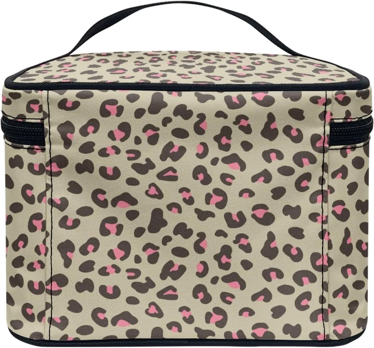Makeup Bag, Western Style Cosmetic Bag, Large Capacity Travel Makeup Organizer, Toiletry Bag For Women & Girls With Handle and Divider (Pink Leopard)