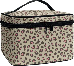 Makeup Bag, Western Style Cosmetic Bag, Large Capacity Travel Makeup Organizer, Toiletry Bag For Women & Girls With Handle and Divider (Pink Leopard)