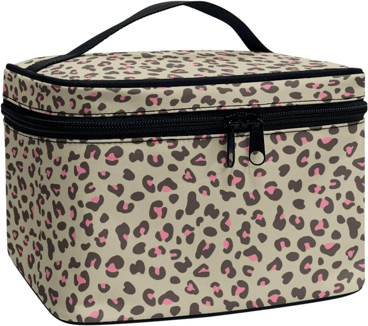 Makeup Bag, Western Style Cosmetic Bag, Large Capacity Travel Makeup Organizer, Toiletry Bag For Women & Girls With Handle and Divider (Pink Leopard)
