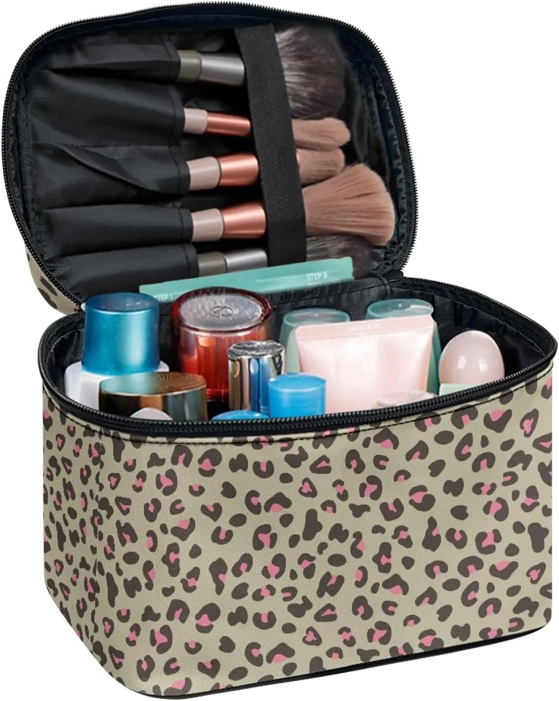 Makeup Bag, Western Style Cosmetic Bag, Large Capacity Travel Makeup Organizer, Toiletry Bag For Women & Girls With Handle and Divider (Pink Leopard)