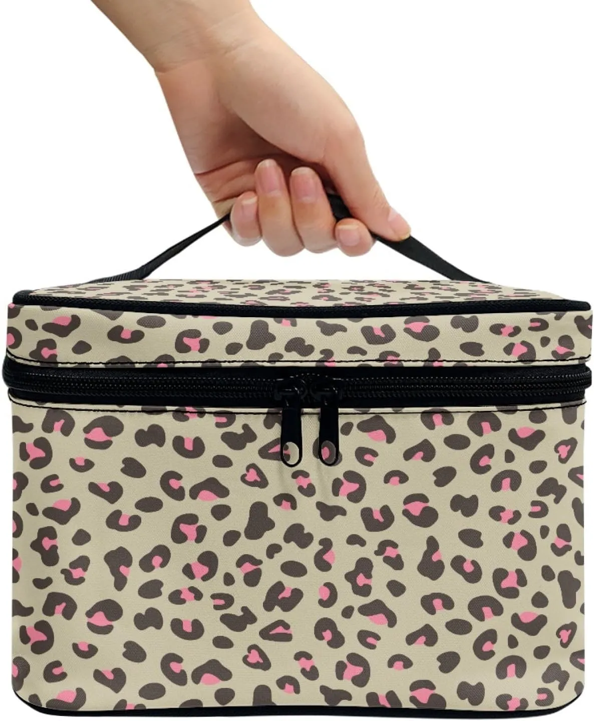 Makeup Bag, Western Style Cosmetic Bag, Large Capacity Travel Makeup Organizer, Toiletry Bag For Women & Girls With Handle and Divider (Pink Leopard)