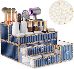 Makeup Organizer Blue - Tempered Glass Vanity Organizer for Cosmetics, Skincare, Hair Tools, Brushes, Perfume - Multipurpose Bathroom Counter Skincare Organizer