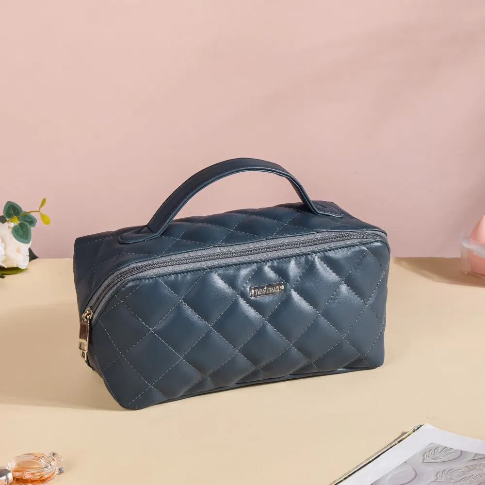 Makeup Pouch With Diagonal Side Zip Blue Grey Large