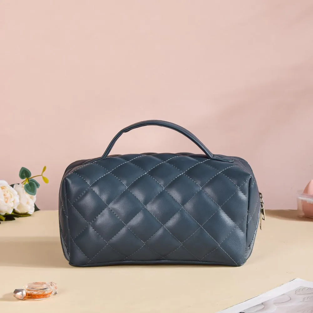 Makeup Pouch With Diagonal Side Zip Blue Grey Large