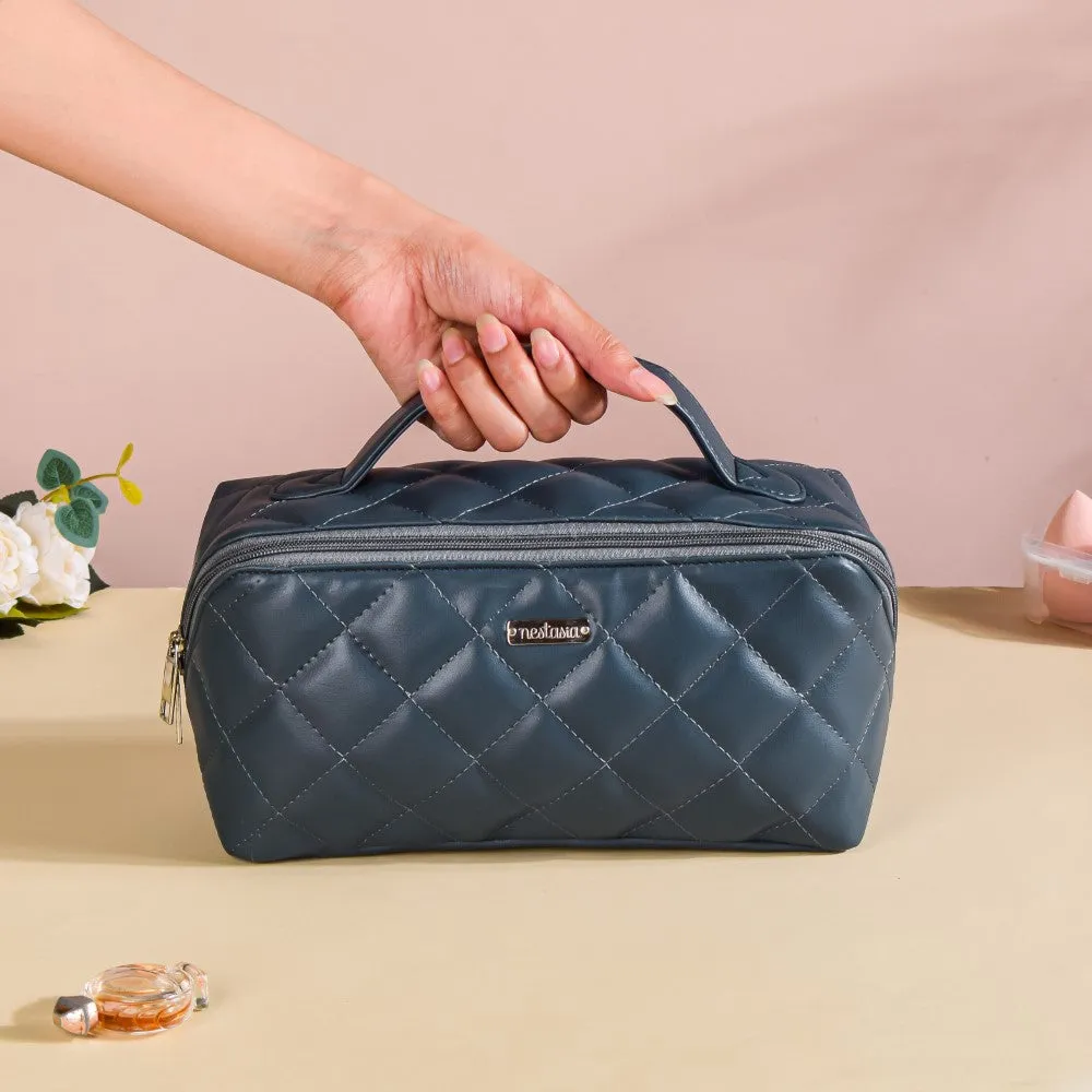 Makeup Pouch With Diagonal Side Zip Blue Grey Large