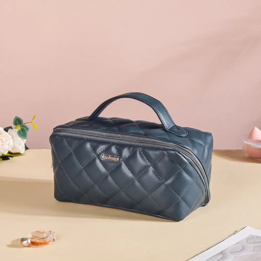 Makeup Pouch With Diagonal Side Zip Blue Grey Large