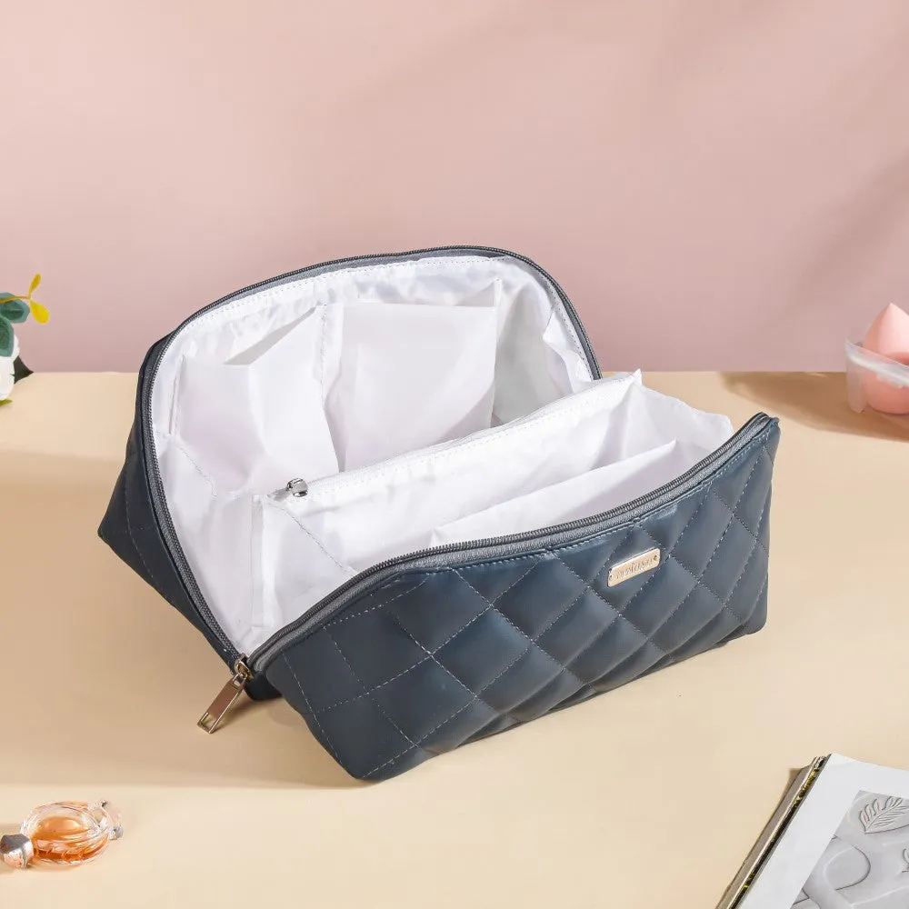Makeup Pouch With Diagonal Side Zip Blue Grey Large