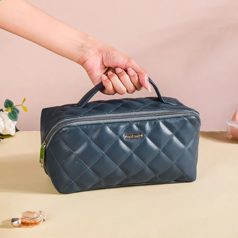Makeup Pouch With Diagonal Side Zip Blue Grey Large