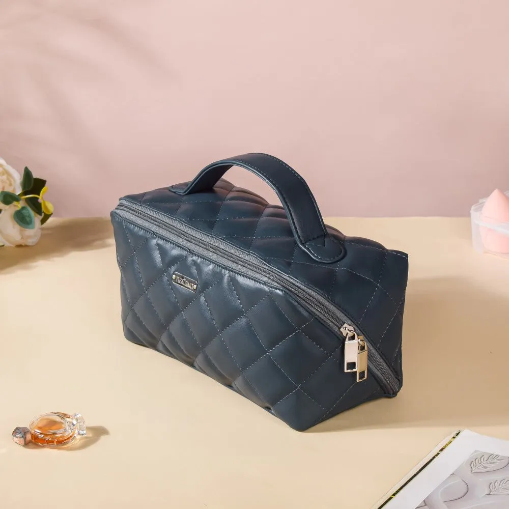 Makeup Pouch With Diagonal Side Zip Blue Grey Large