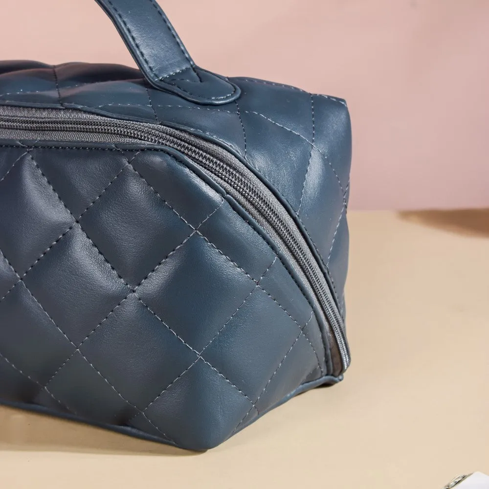 Makeup Pouch With Diagonal Side Zip Blue Grey Large